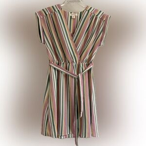 Midi Striped Dress Monteau Los Angeles Medium Wrap Tie Elastic Waist Cap Sleeves
